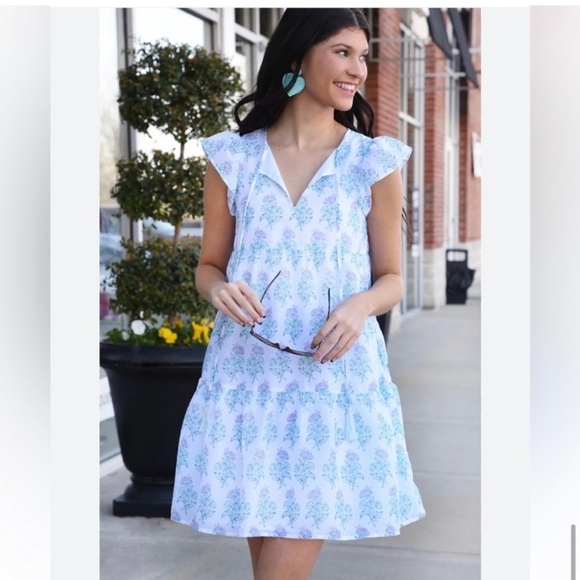 J. Marie NWT Cecilia Ruffle Flutter Sleeve Blockprint Floral Tiered Dress Sz M - Picture 4 of 13